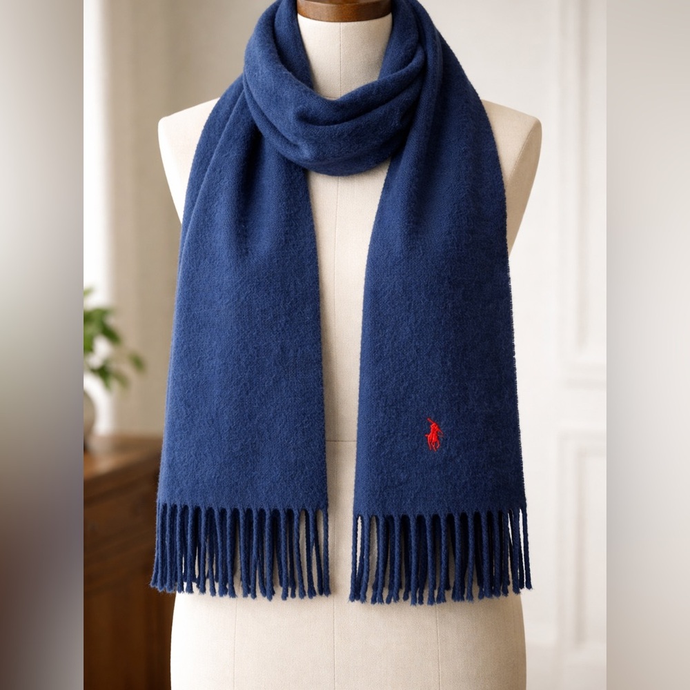 Polo Ralph Lauren 100% Lambswool Scarf – Navy Blue with Red Logo